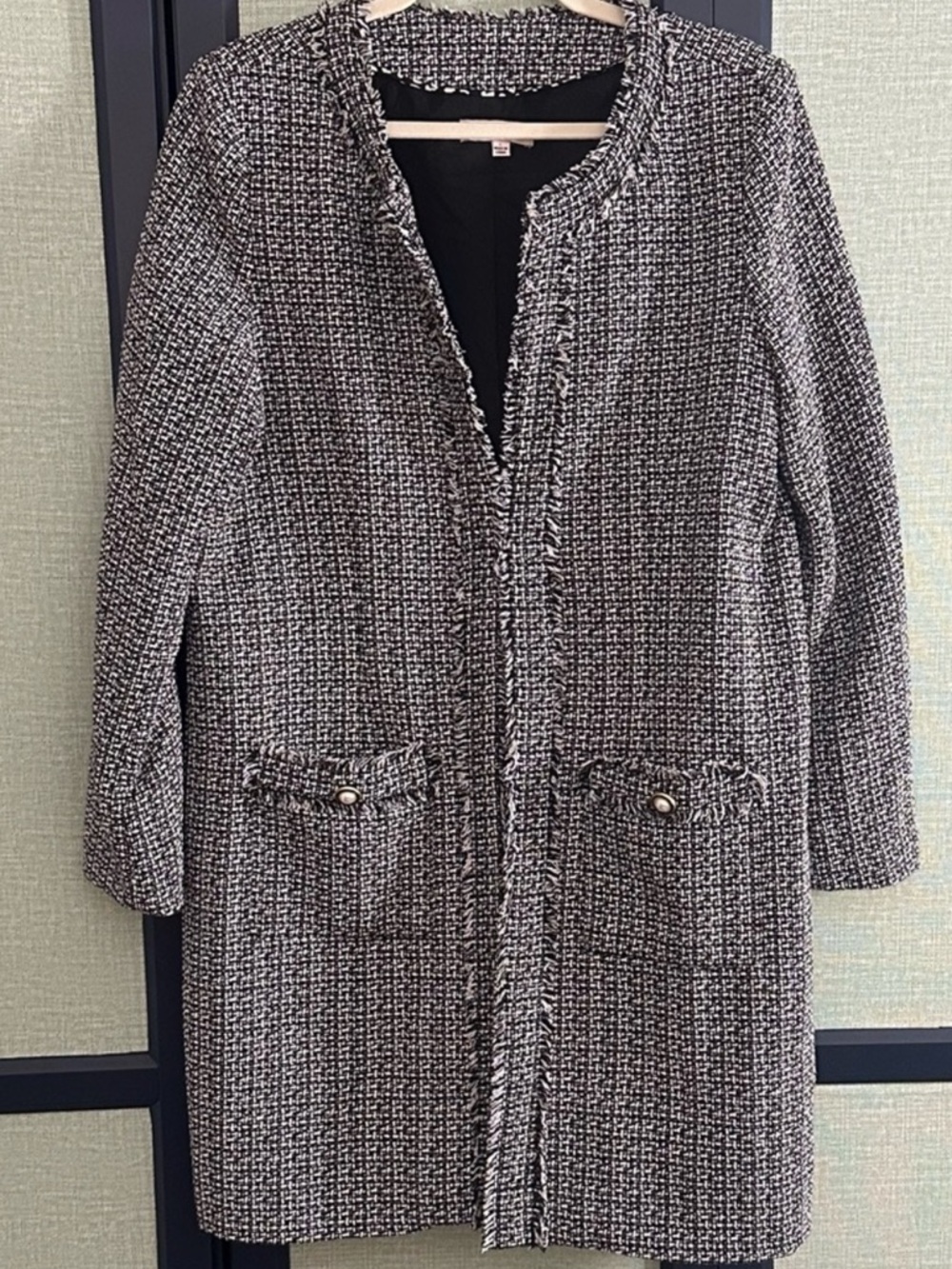 Nanette Lepore Longline Tweed Blazer Jacket with Gold Pearl Hardware, Size L